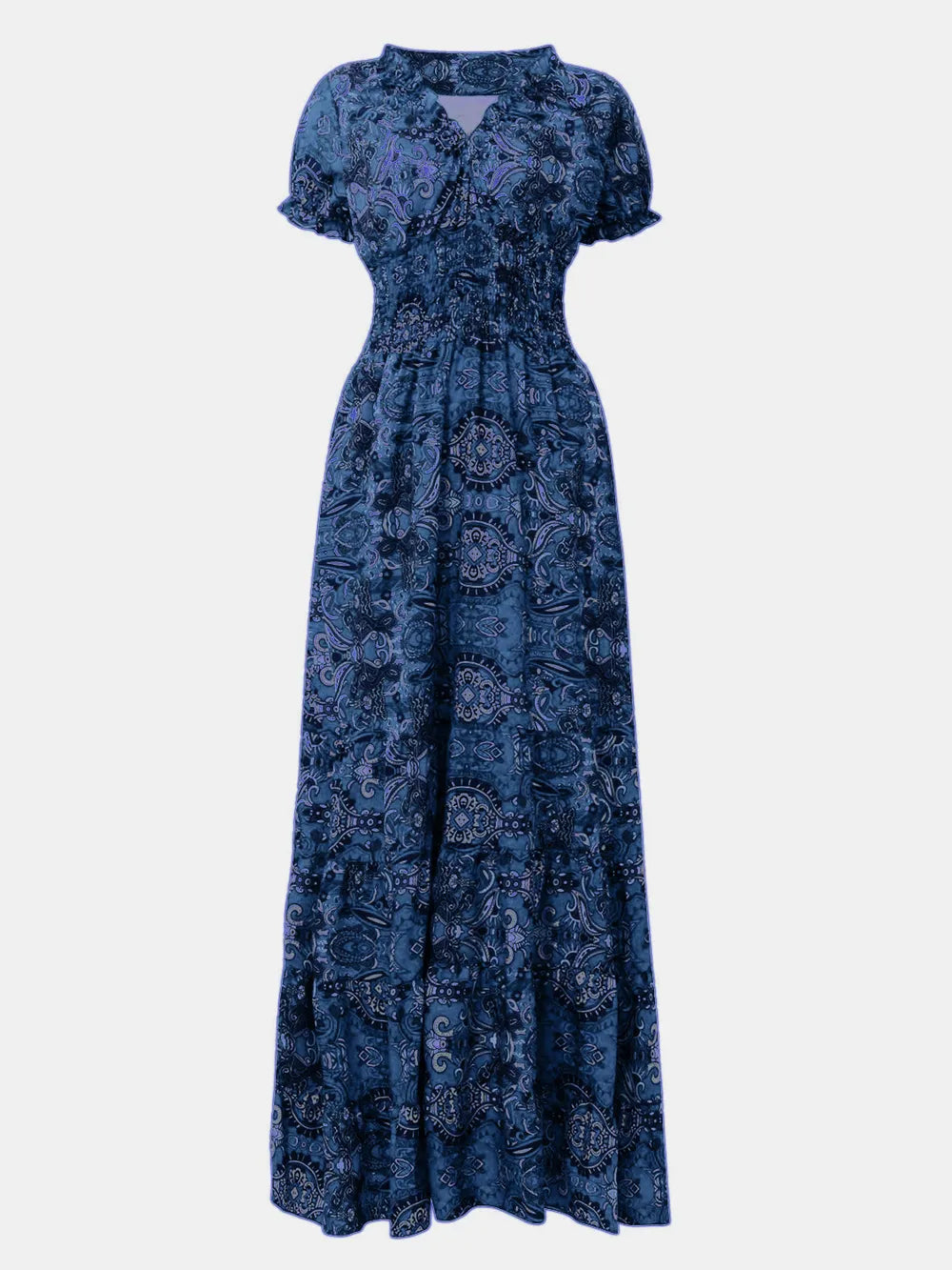 Smocked Printed V-Neck Maxi Dress