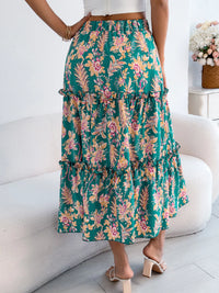 Midnight Floral Ruffle-Hem Midi Skirt