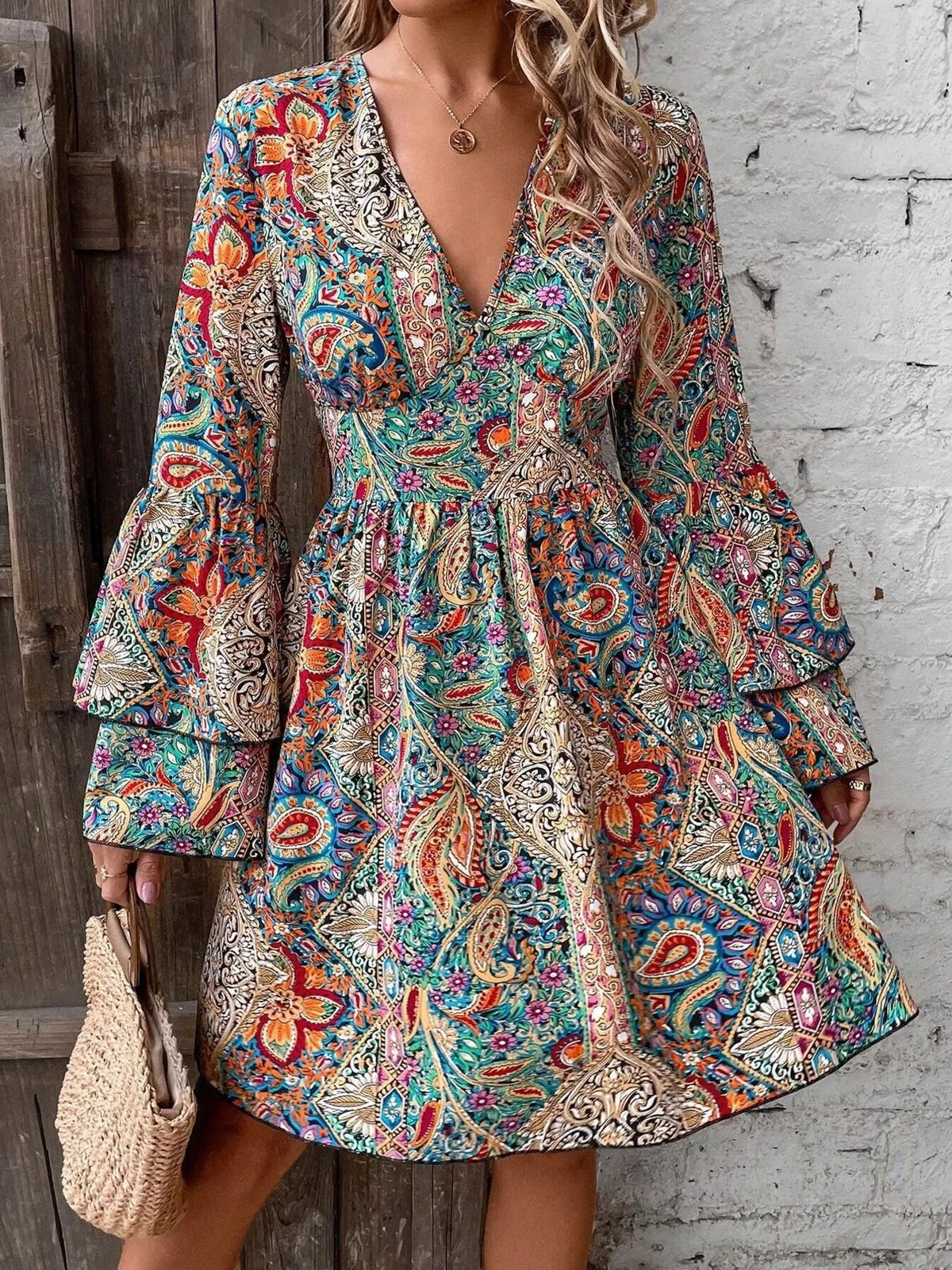 Paisley Bell-Sleeve V-Neck Mini Dress