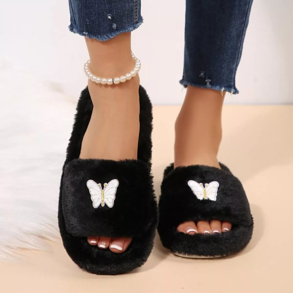 Butterfly Faux-Fur Slider Slippers