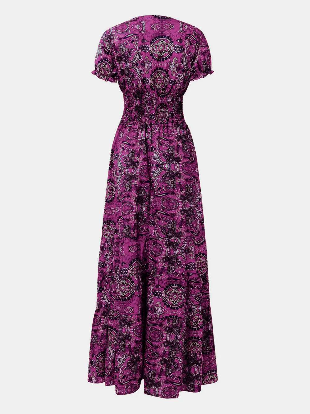 Smocked Printed V-Neck Maxi Dress