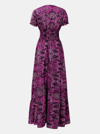Smocked Printed V-Neck Maxi Dress