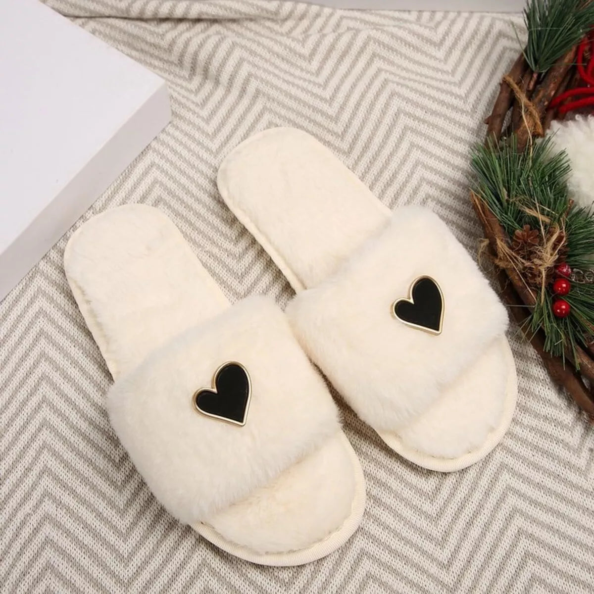 Heart Faux-Fur Slider Slippers