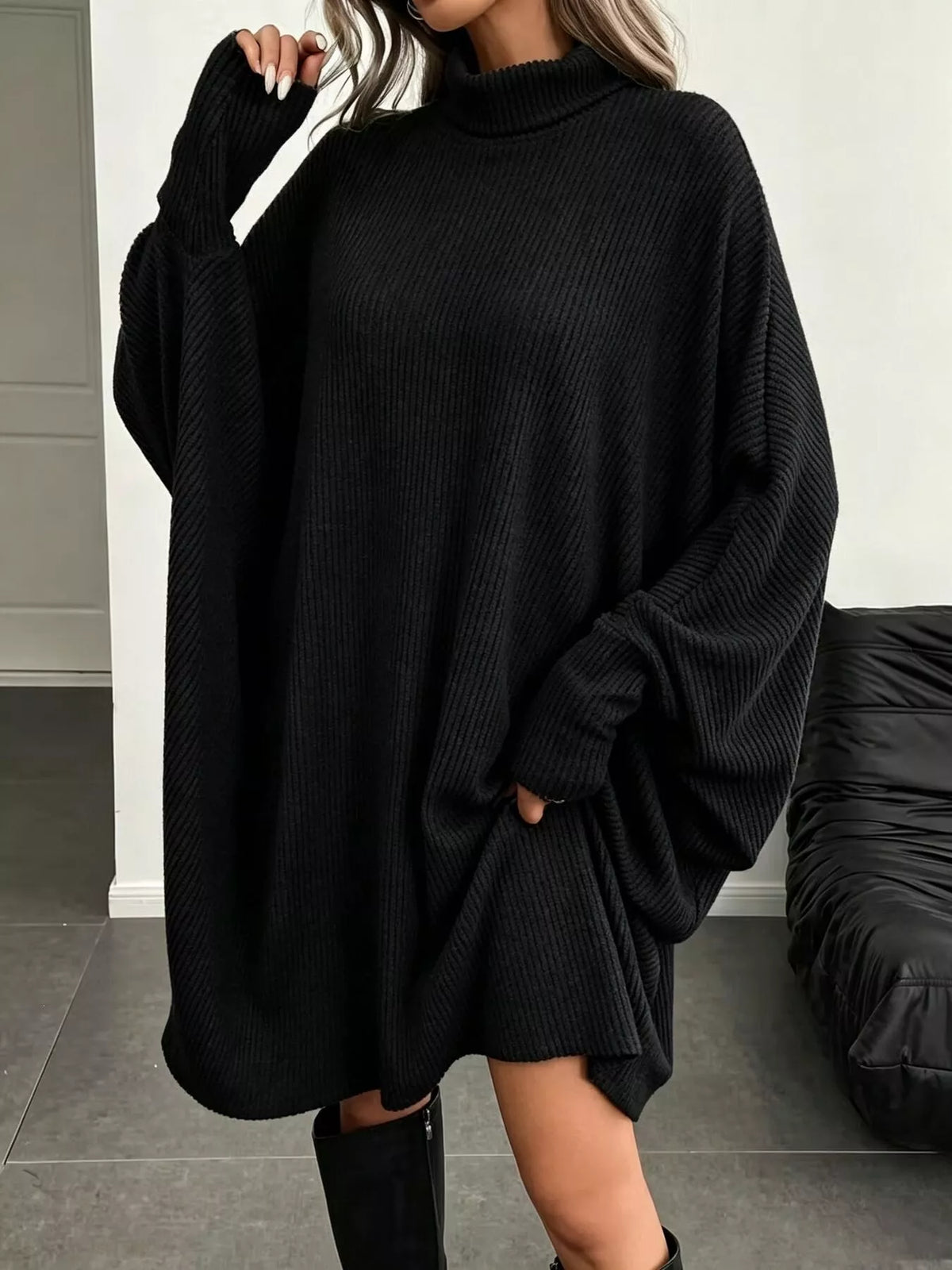 Oversized Ribbed Roll-Neck Jumper Dress