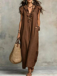 Ruffled Cap-Sleeve Maxi Dress with Pockets