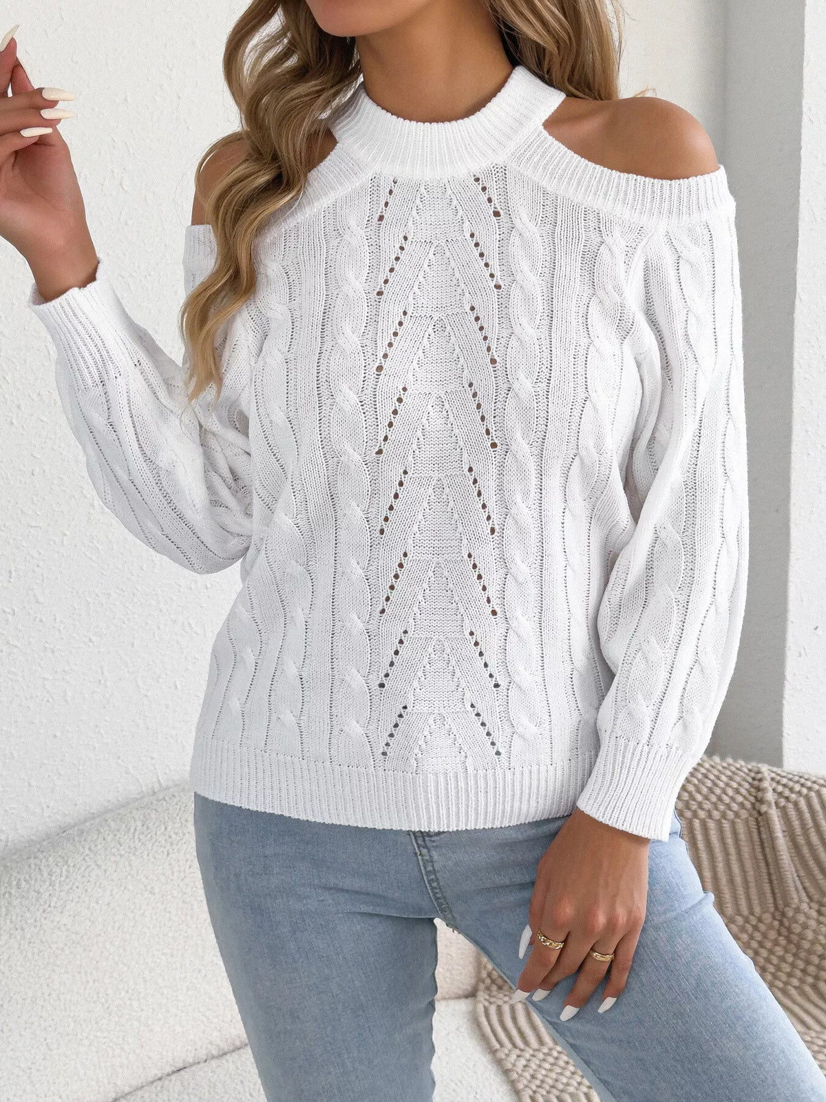Cold-Shoulder Cable-Knit Jumper