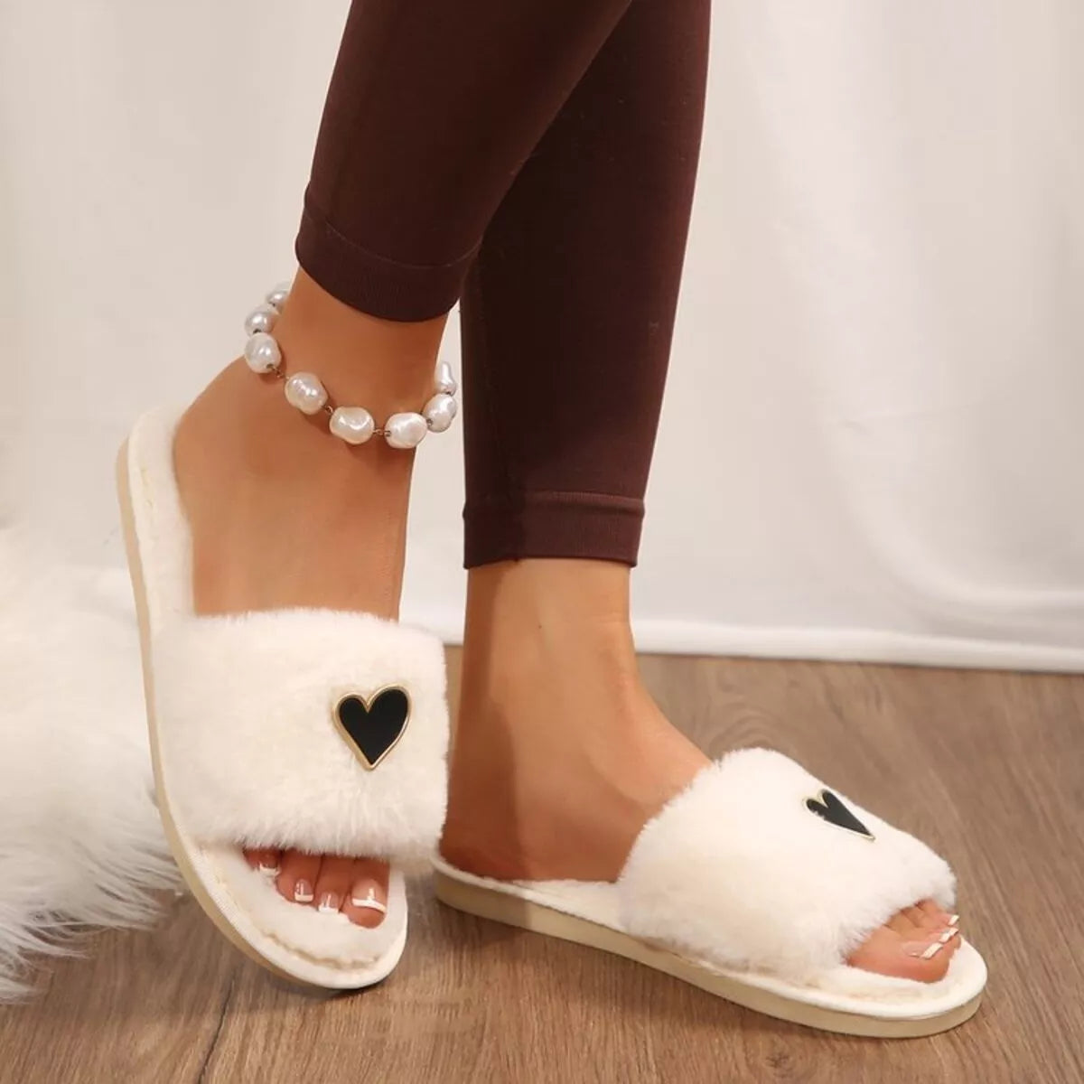 Heart Faux-Fur Slider Slippers