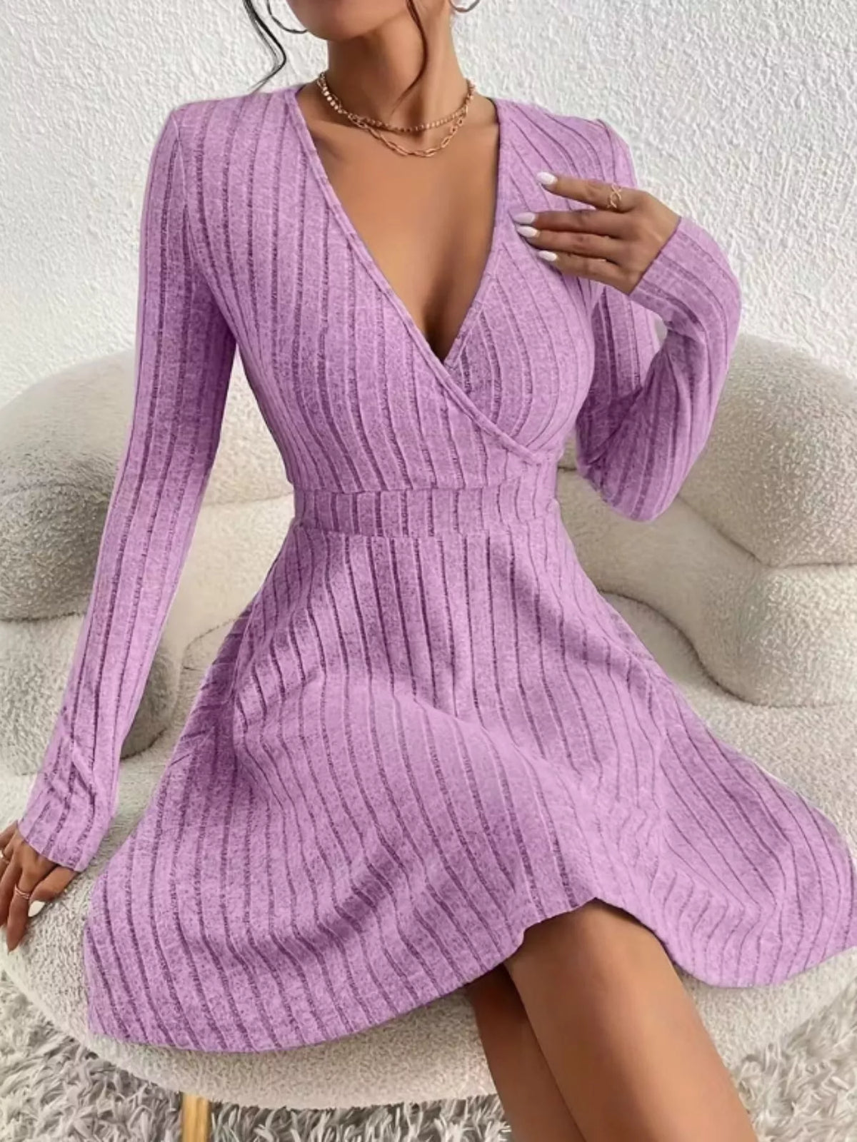 Soft Ribbed Wrap Knit Mini Dress