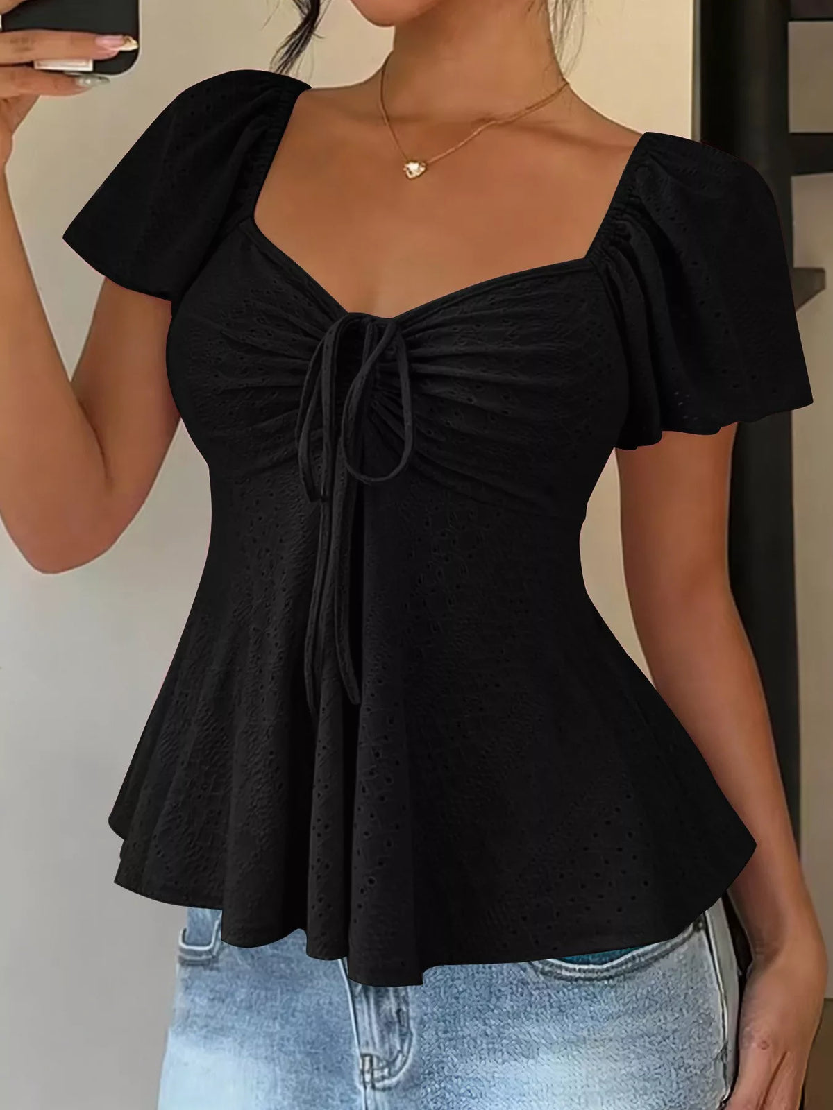 Ruched Flutter Sleeve Peplum Top
