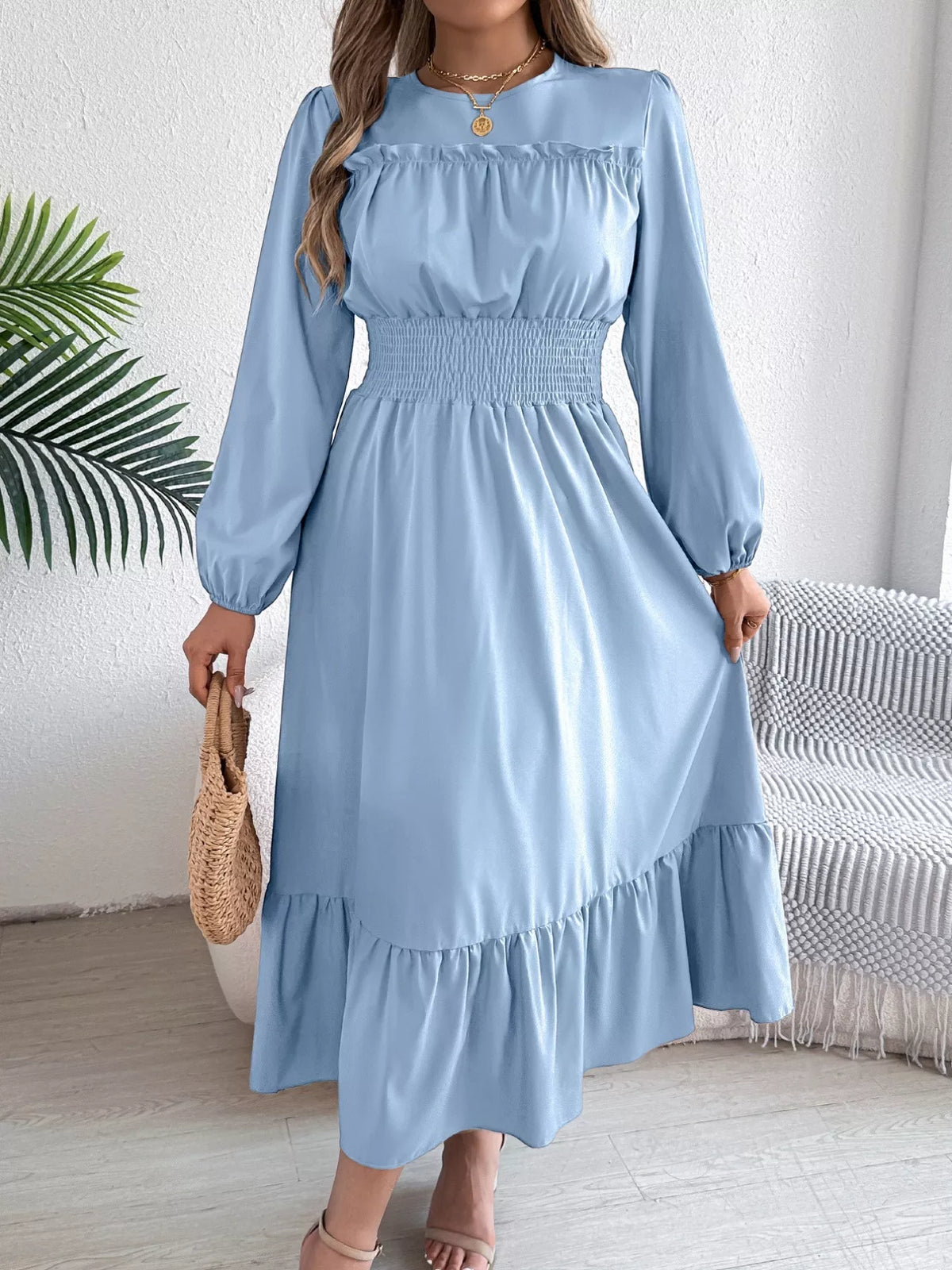 Balloon-Sleeve Tiered Smocked Maxi Dress