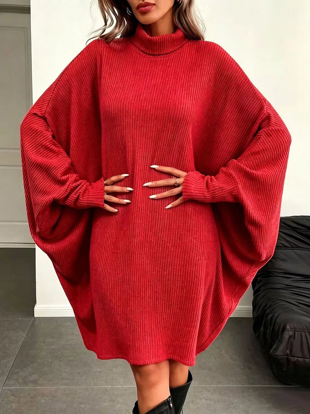 Oversized Ribbed Roll-Neck Jumper Dress