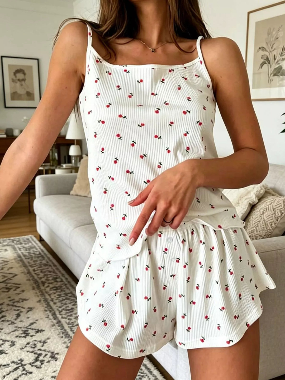 Cherry Blossom Ribbed Cami & Shorts Lounge Set