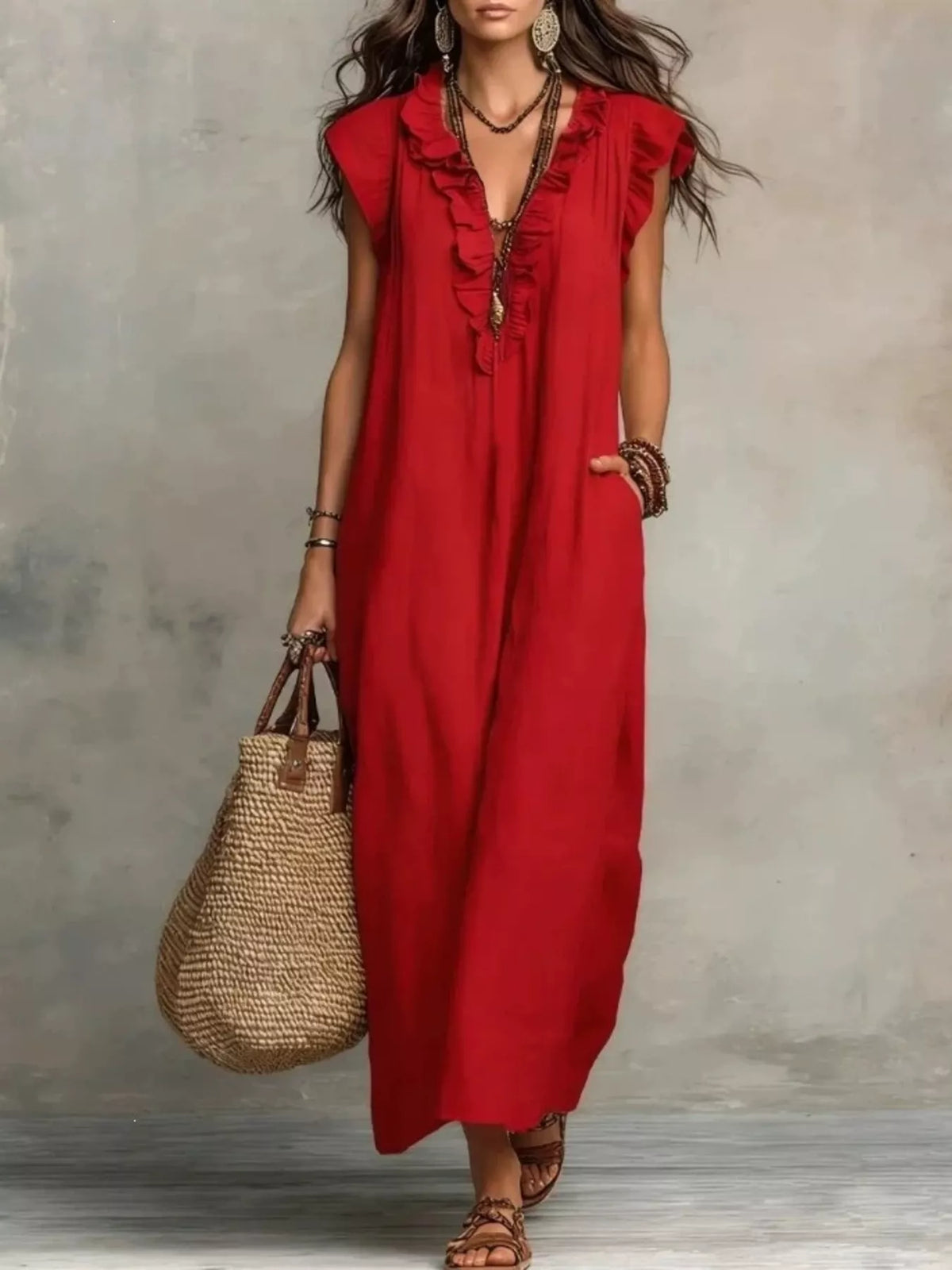 Ruffled Cap-Sleeve Maxi Dress with Pockets