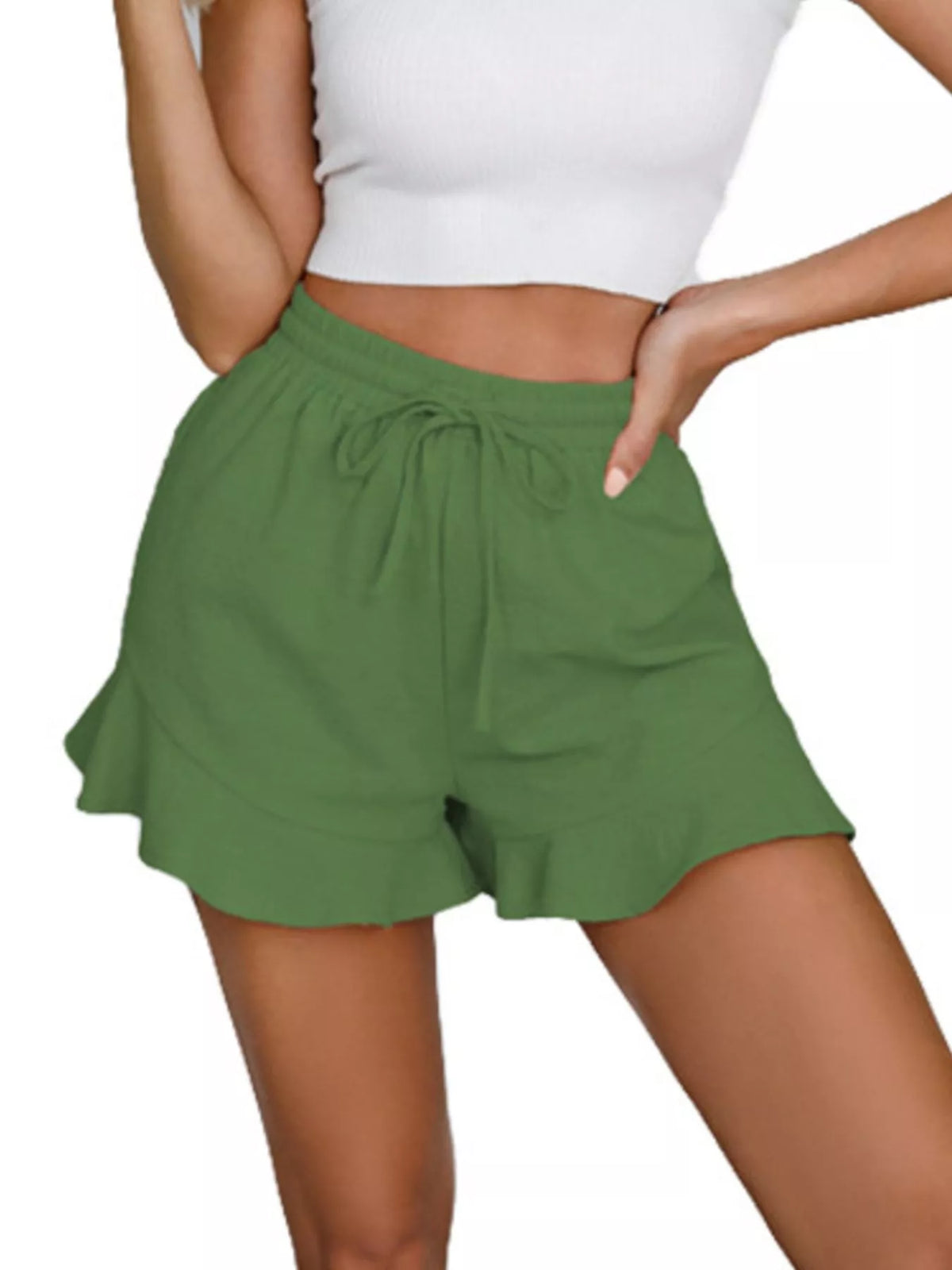 Blush Ruffle-Hem Drawstring Shorts