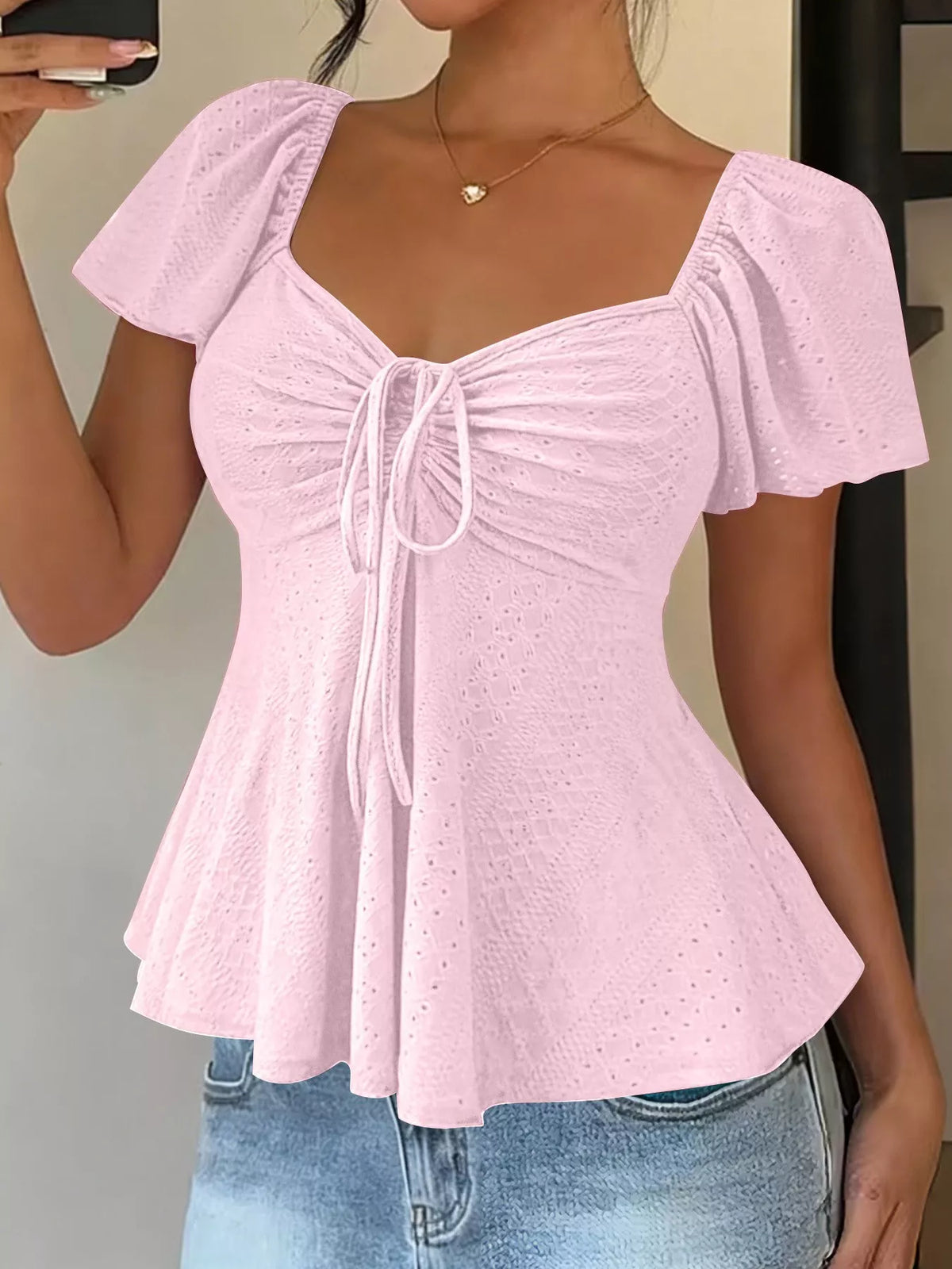 Ruched Flutter Sleeve Peplum Top