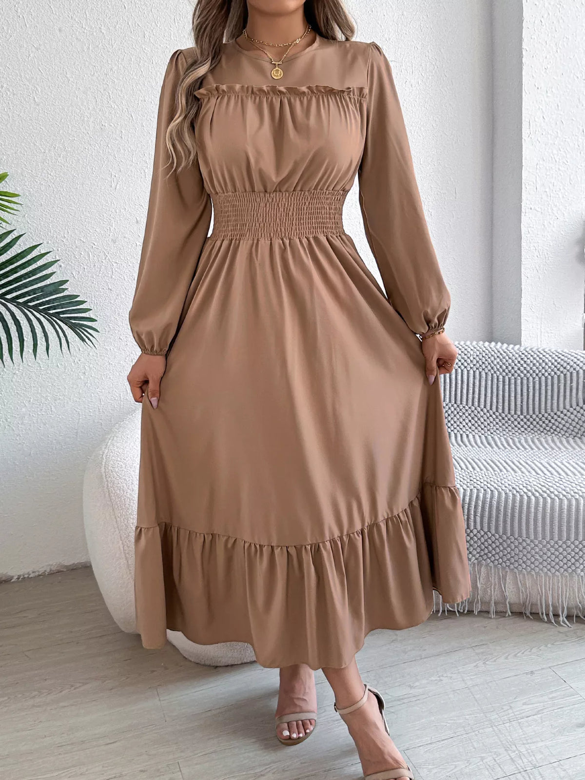 Balloon-Sleeve Tiered Smocked Maxi Dress