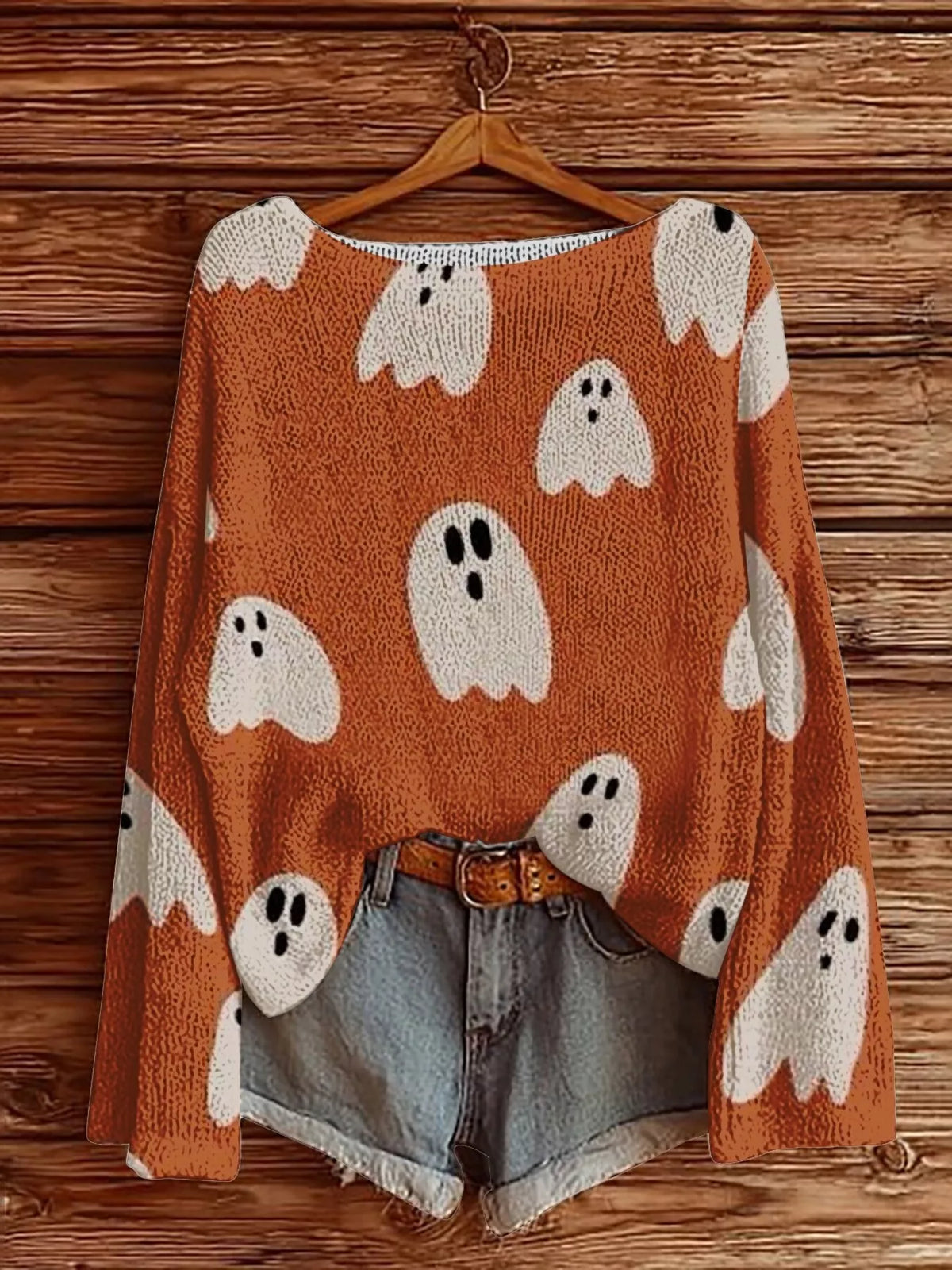 Halloween Ghost Print Boat-Neck Jumper