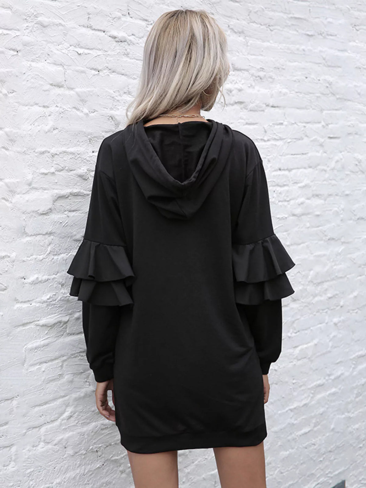 Ruffle-Sleeve Hooded Sweater Dress