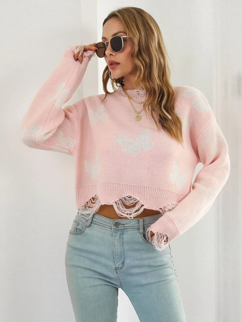 Butterfly Distressed Cropped Jumper