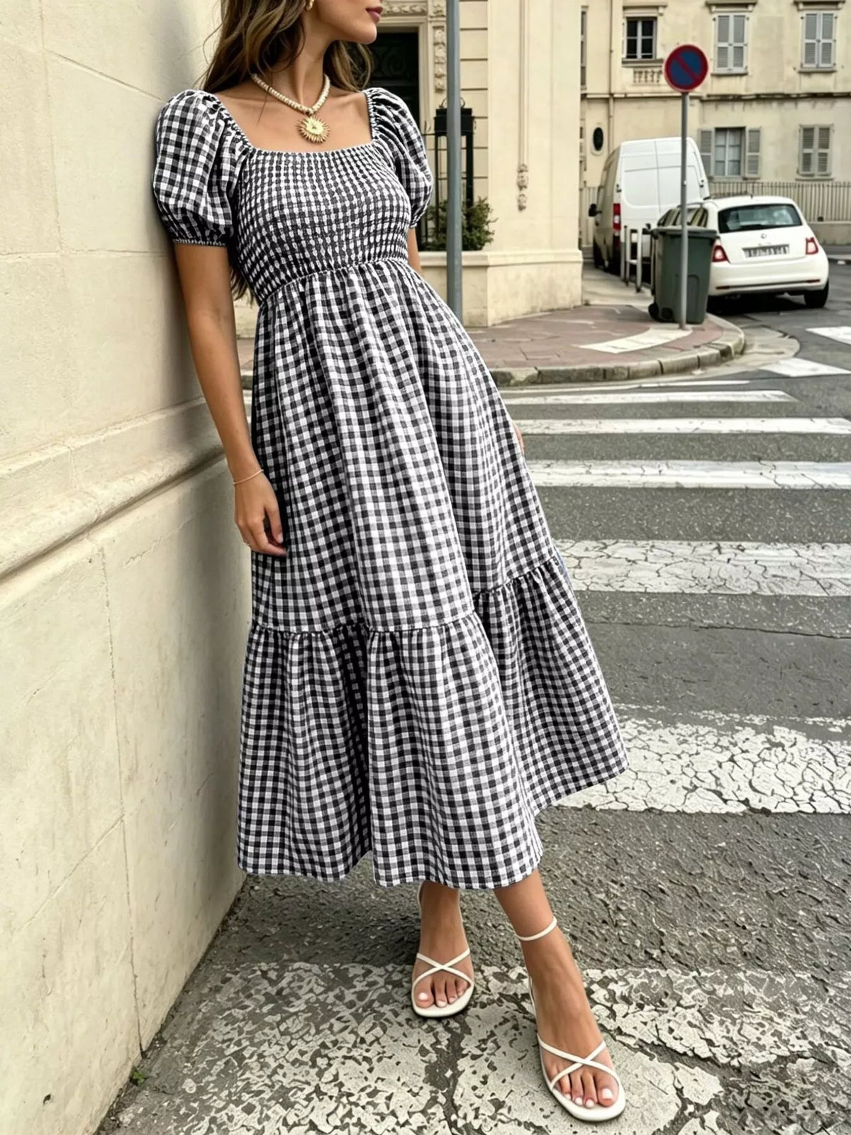 Gingham Smocked Puff-Sleeve Midi Dress