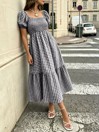 Gingham Smocked Puff-Sleeve Midi Dress