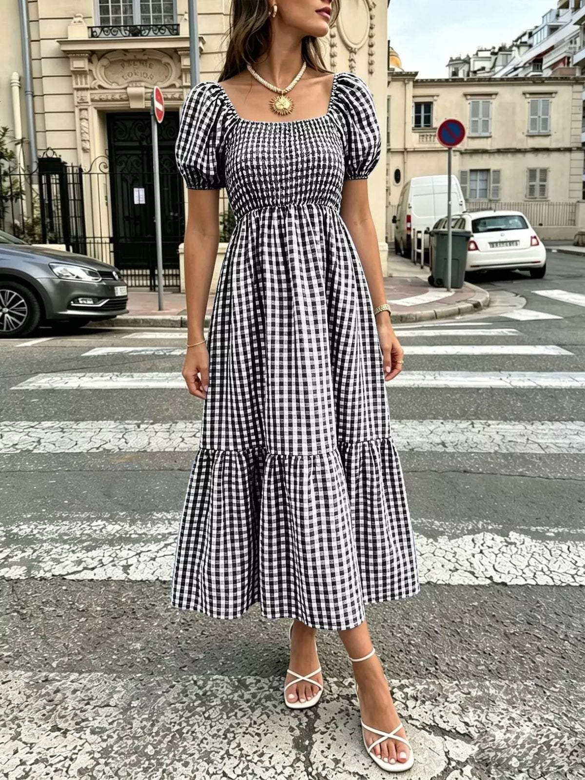 Gingham Smocked Puff-Sleeve Midi Dress