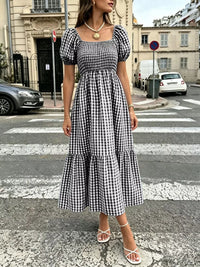Gingham Smocked Puff-Sleeve Midi Dress