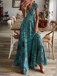 Smocked Printed V-Neck Maxi Dress