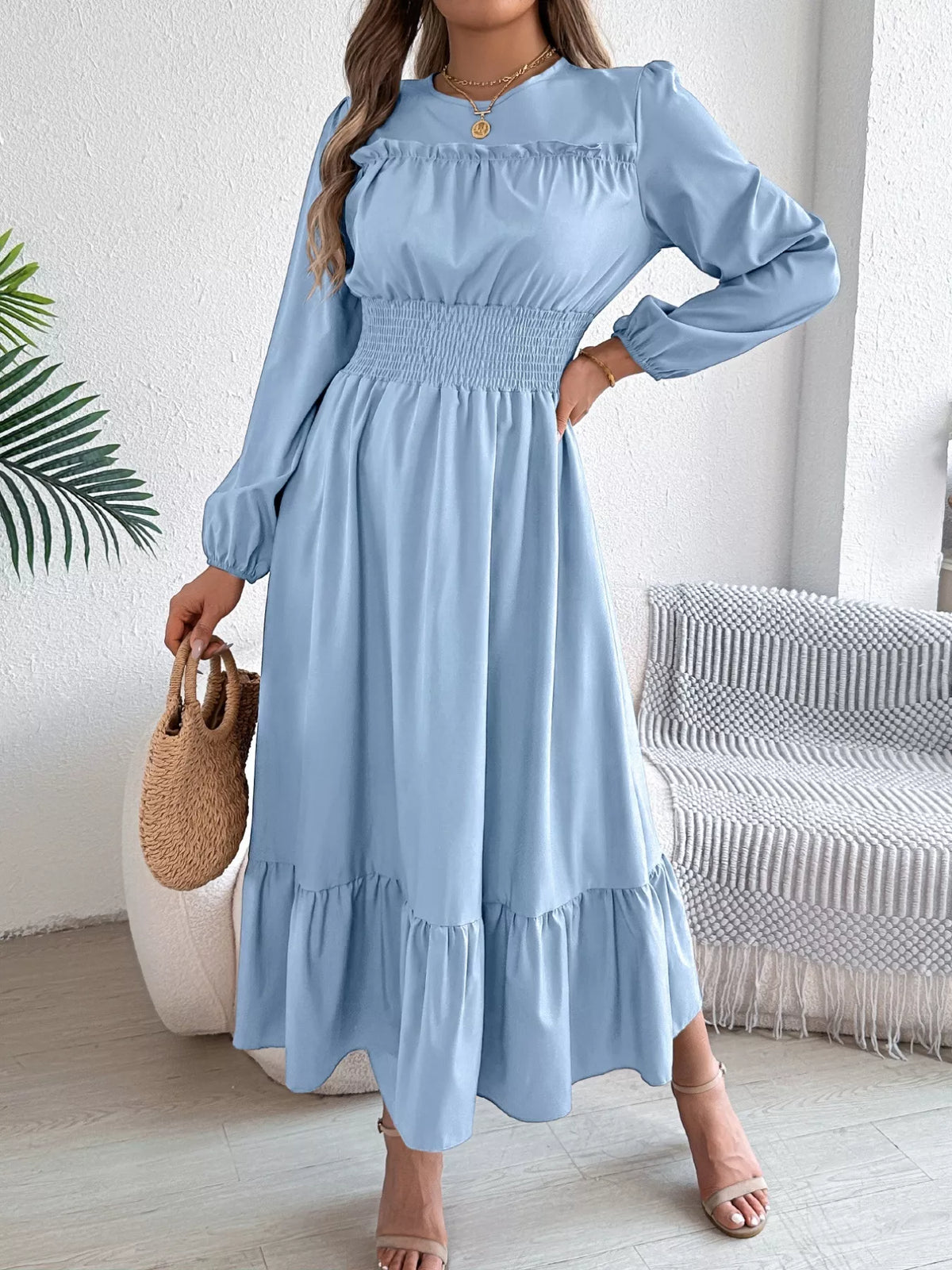 Balloon-Sleeve Tiered Smocked Maxi Dress