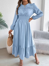 Balloon-Sleeve Tiered Smocked Maxi Dress