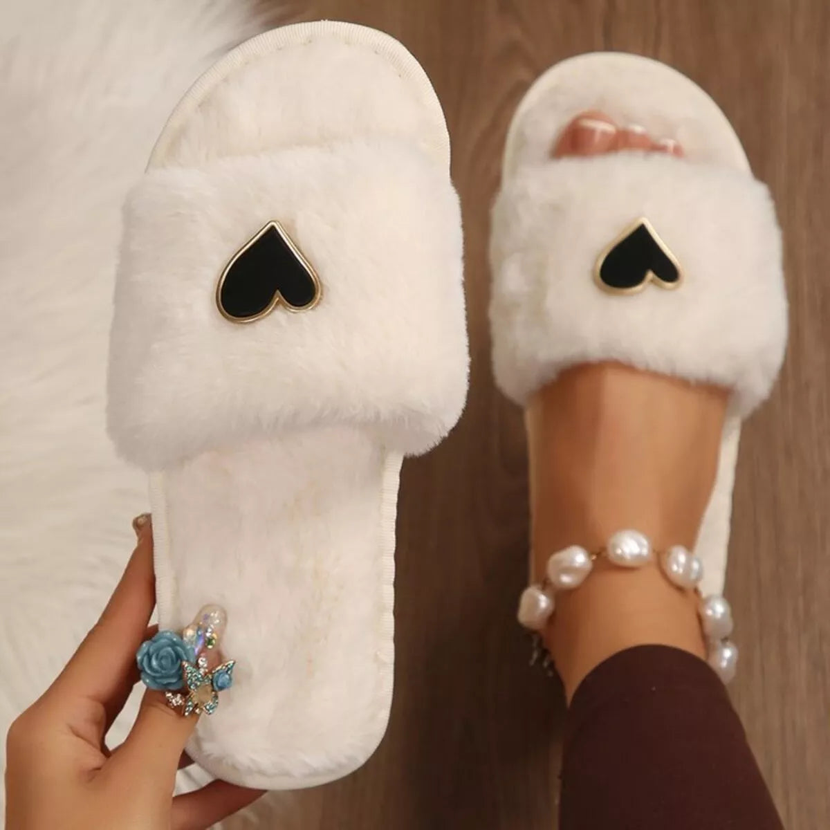Heart Faux-Fur Slider Slippers