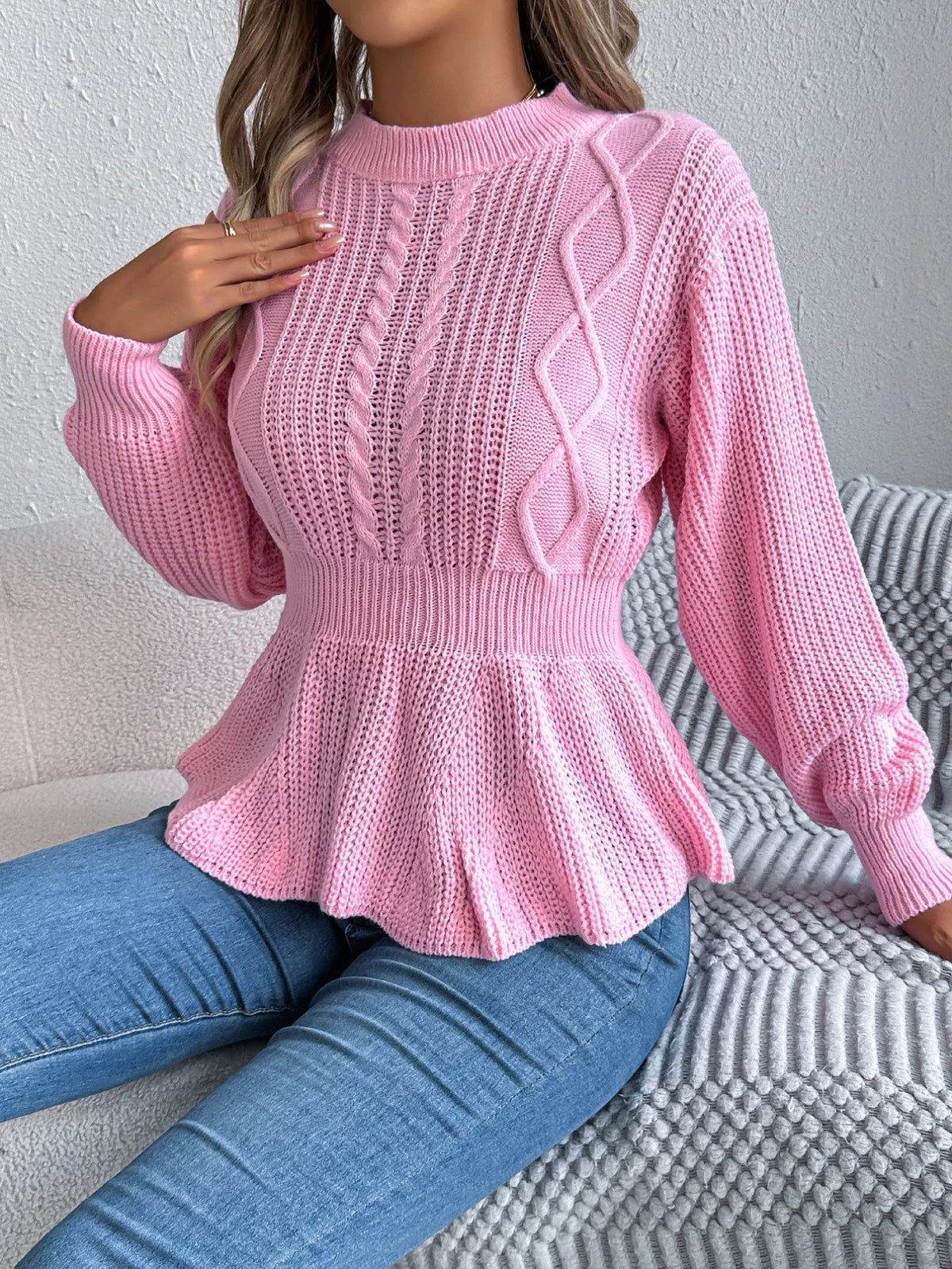Crew-Neck Cable-Knit Peplum Jumper