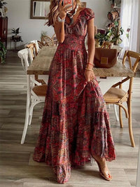 Smocked Printed V-Neck Maxi Dress
