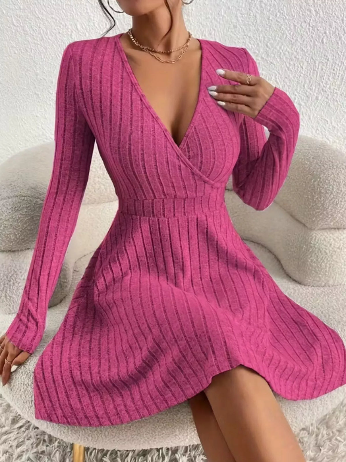 Soft Ribbed Wrap Knit Mini Dress
