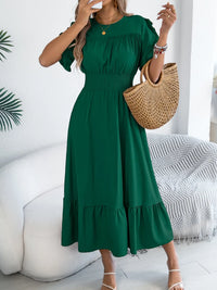 Smocked Frill-Neck Midi Dress