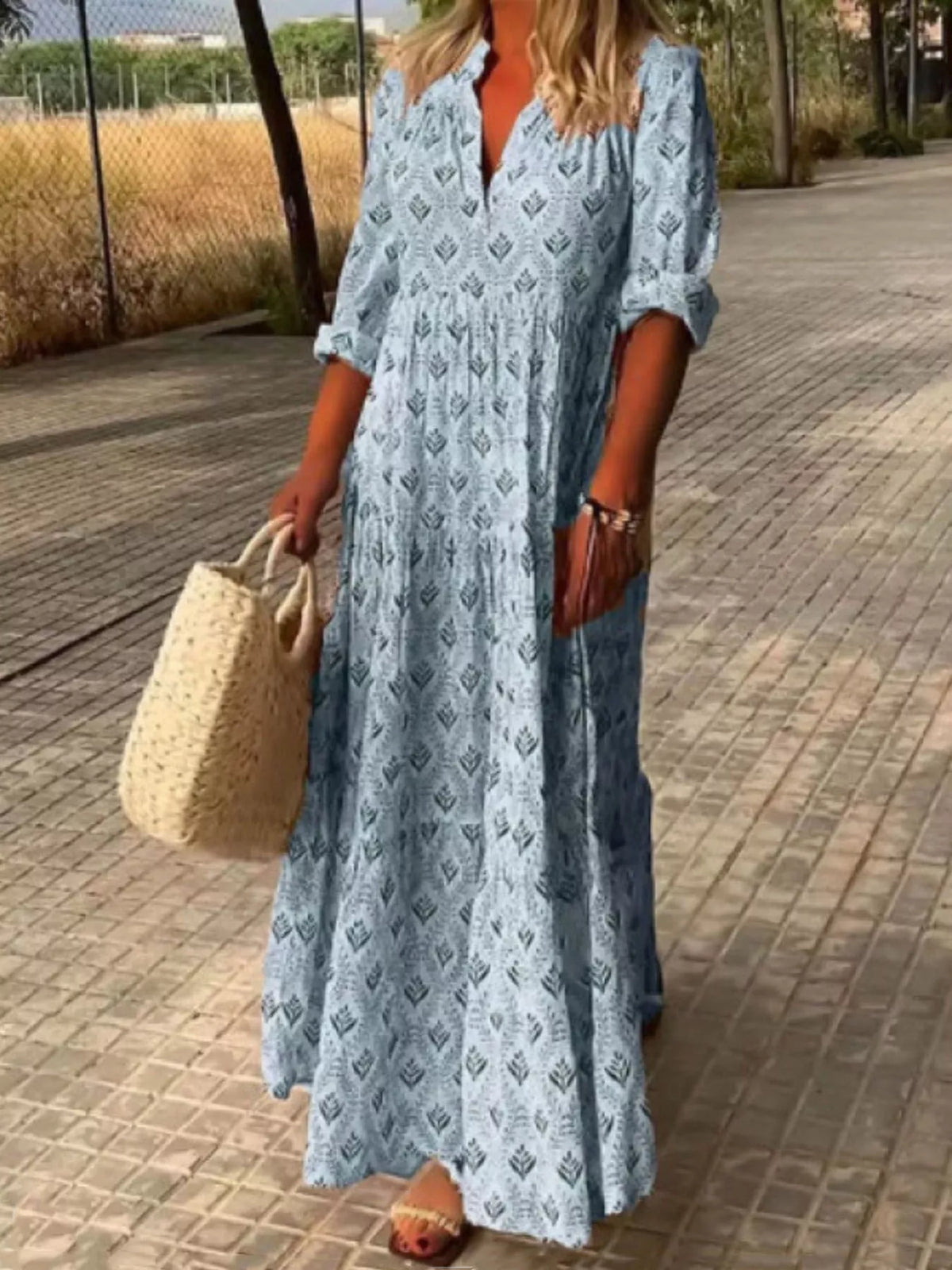 Printed Tiered Maxi Dress with Notch Neck