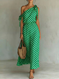 Polka Dot One-Shoulder Tie Maxi Dress