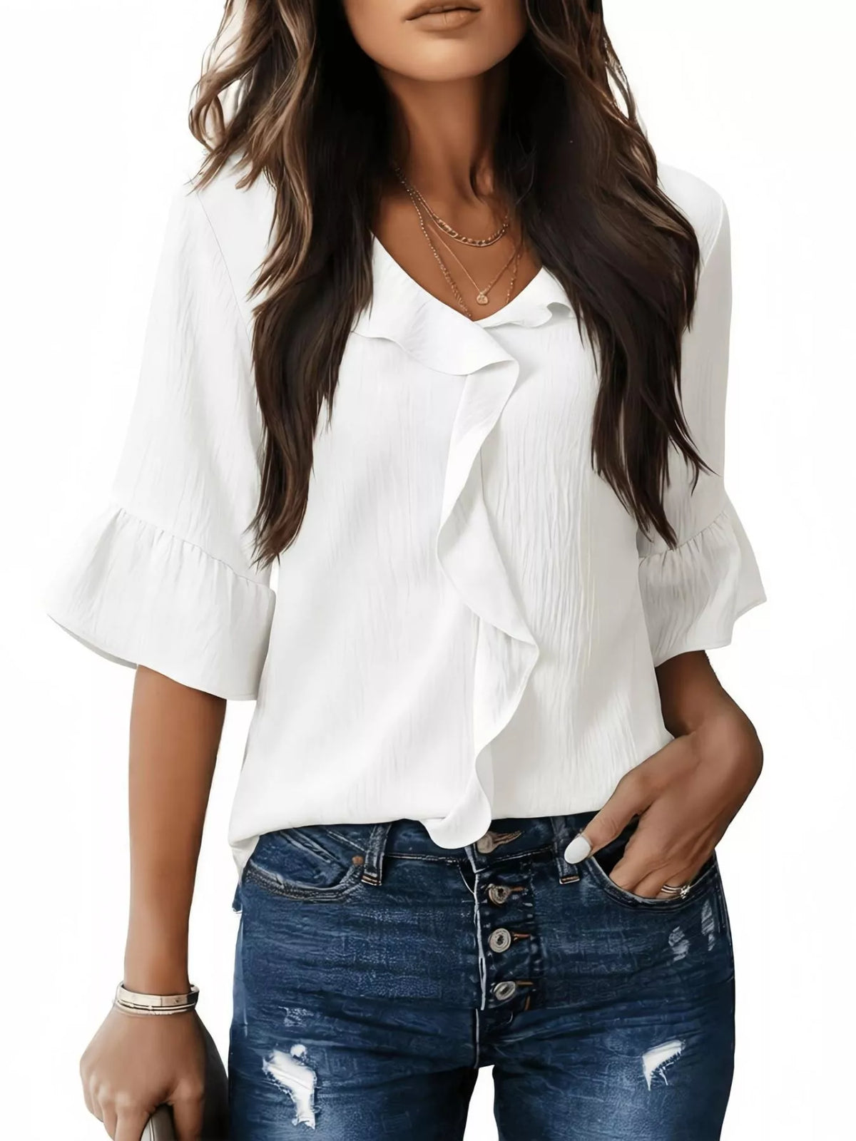 Champagne Ruffle V-Neck Blouse