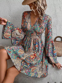 Paisley Bell-Sleeve V-Neck Mini Dress