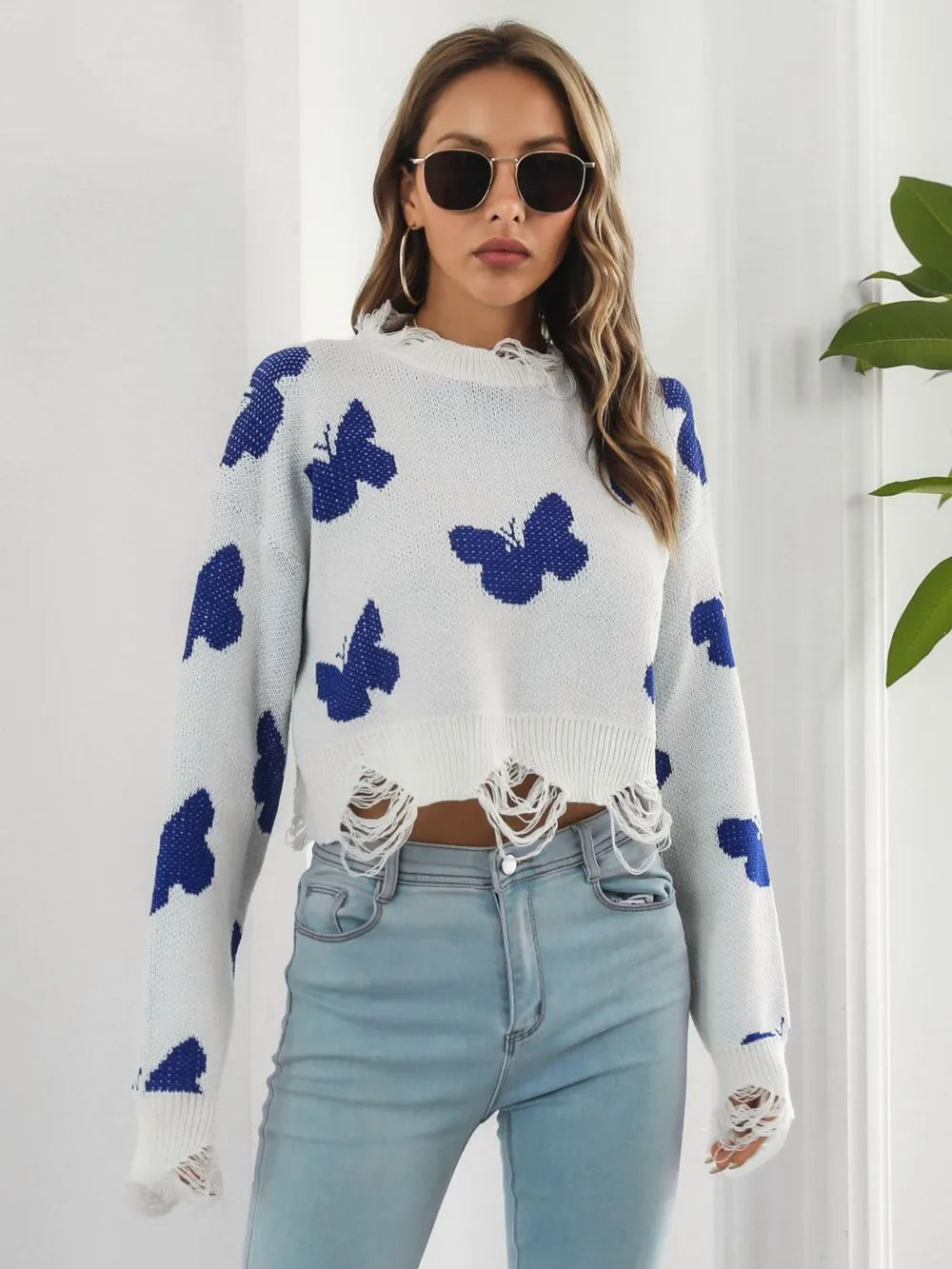 Butterfly Distressed Cropped Jumper