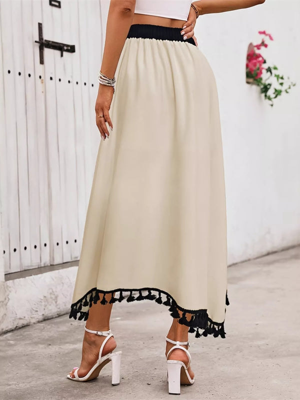 Tassel-Trim High-Waist Maxi Skirt