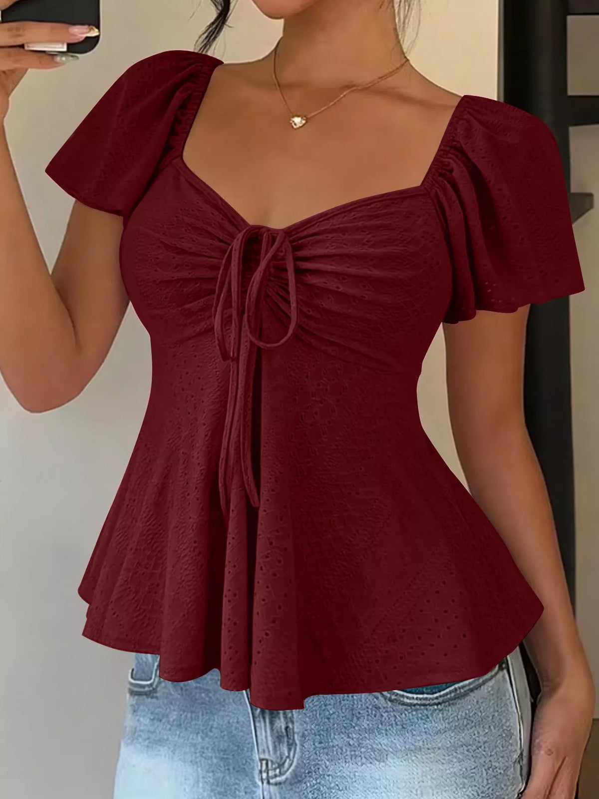 Ruched Flutter Sleeve Peplum Top