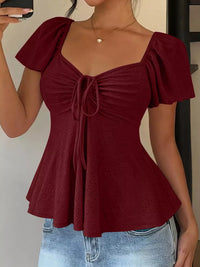 Ruched Flutter Sleeve Peplum Top
