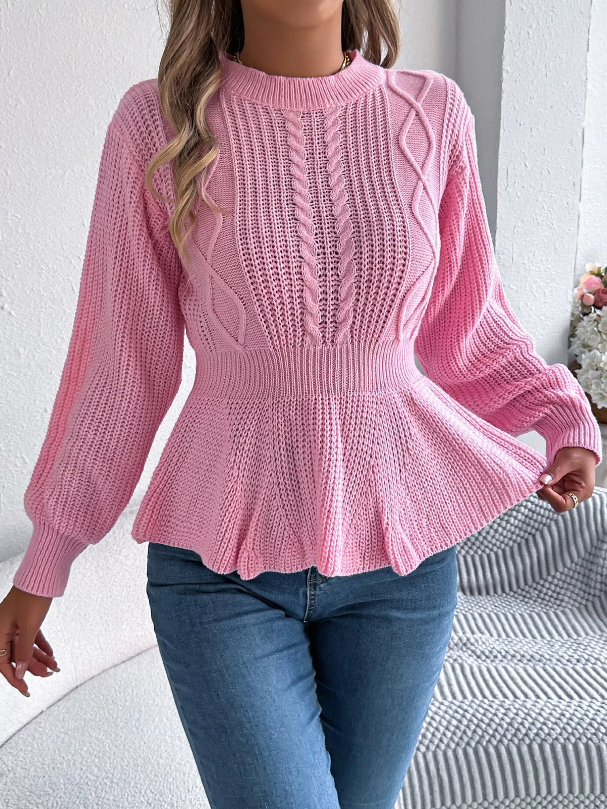 Crew-Neck Cable-Knit Peplum Jumper