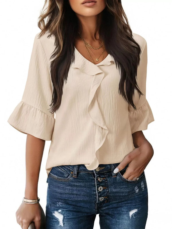 Champagne Ruffle V-Neck Blouse