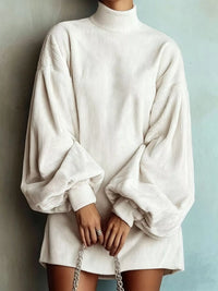 Ribbed High-Neck Lantern-Sleeve Mini Dress