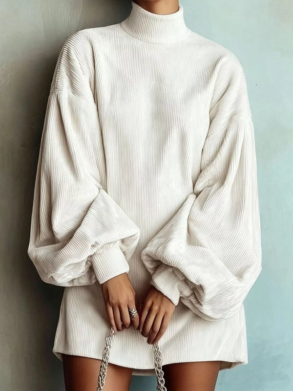 Ribbed High-Neck Lantern-Sleeve Mini Dress