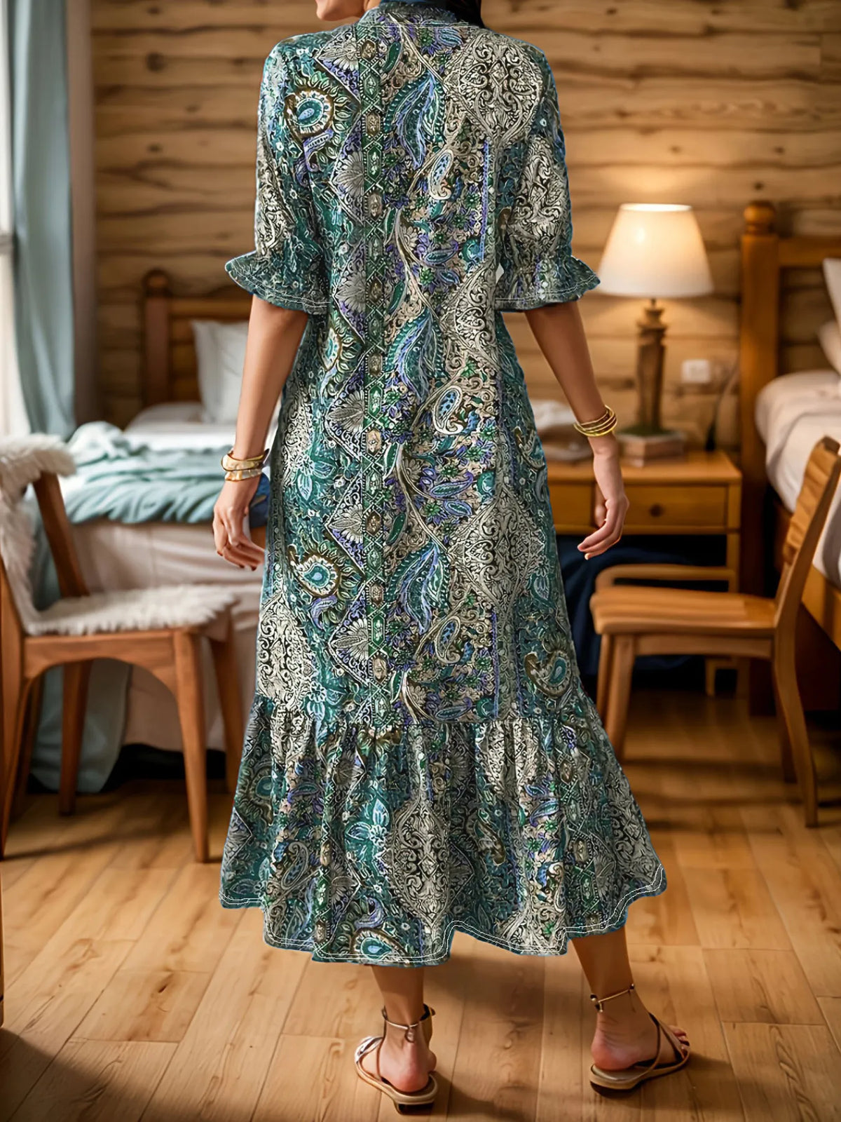 Boho Paisley Ruffle-Hem Midi Dress