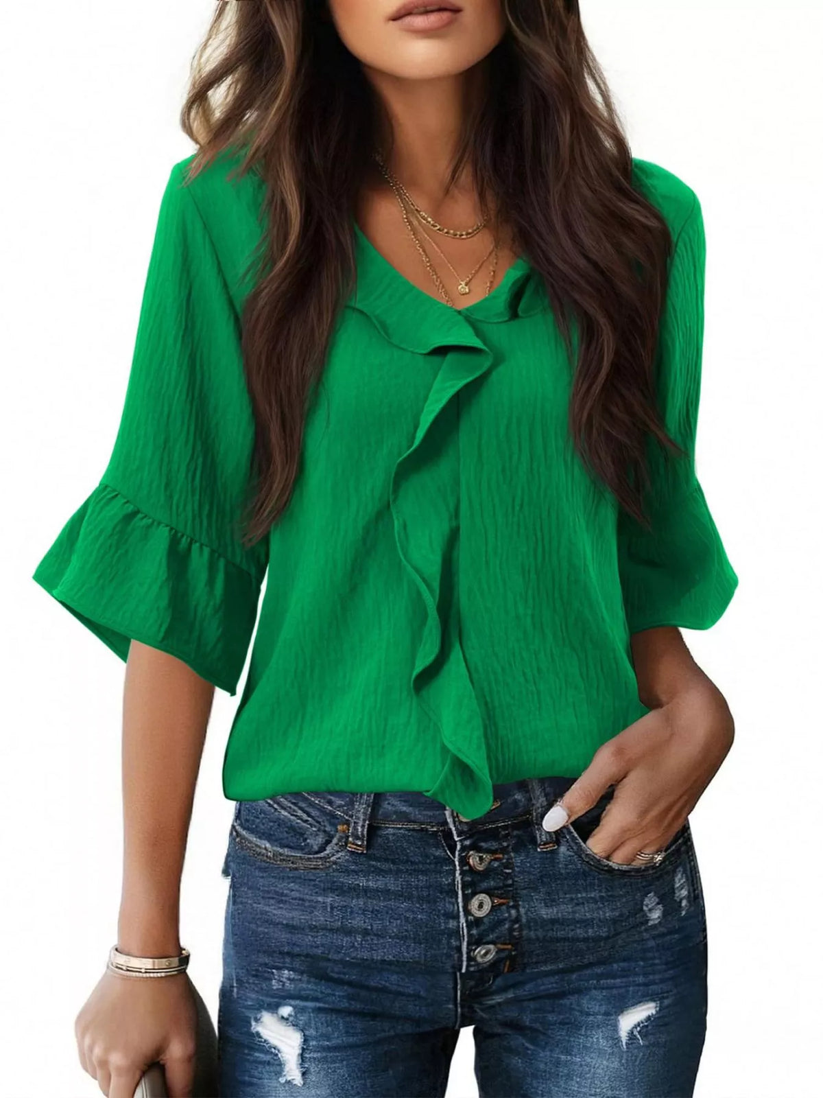 Champagne Ruffle V-Neck Blouse