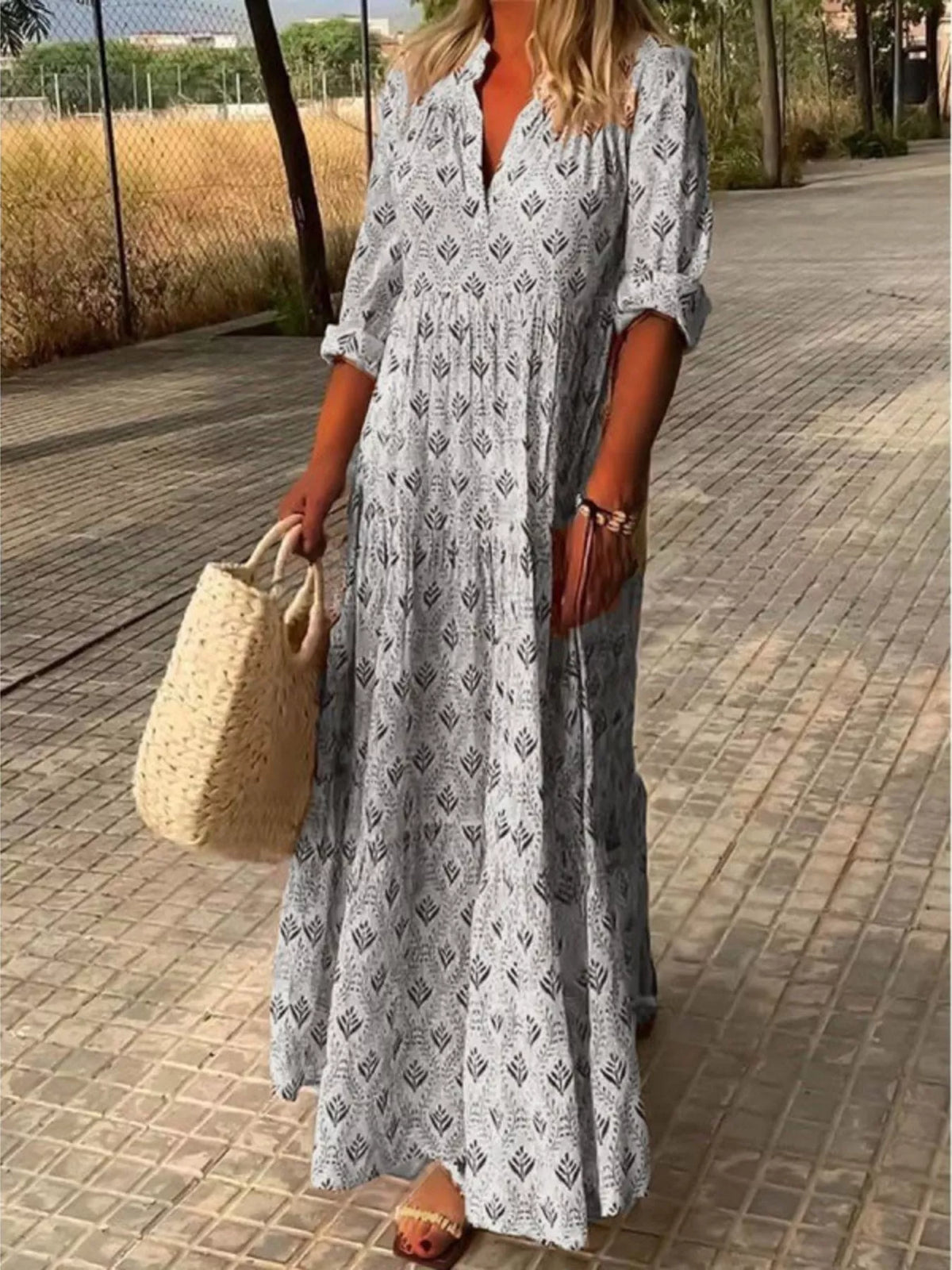 Printed Tiered Maxi Dress with Notch Neck